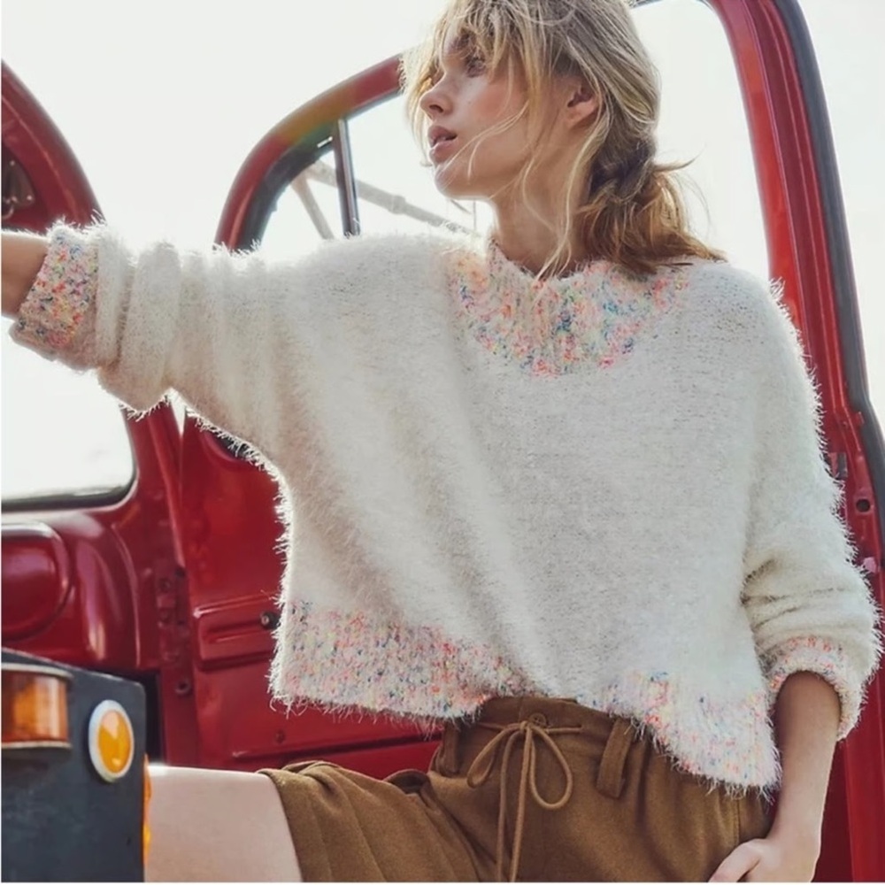 Free People Elegant Cream Colorful Cozy Sweater